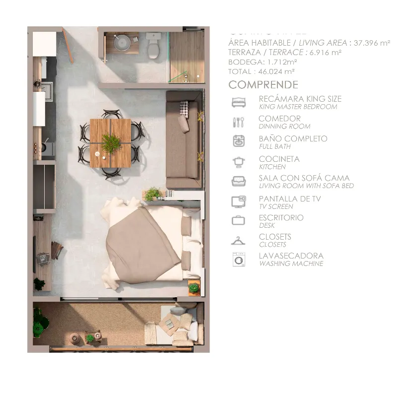 Architectural floor plan of a one-bedroom apartment unit.