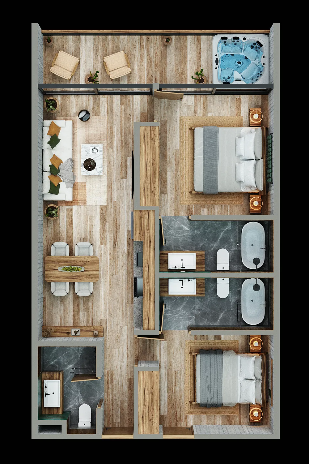 3D overhead floor plan of a furnished apartment layout