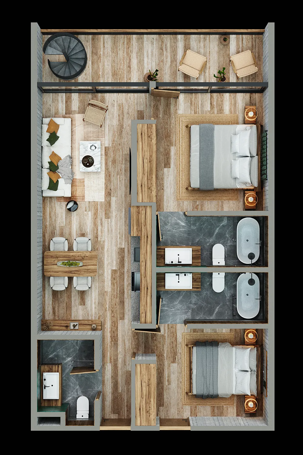 3D top-down floor plan of a modern apartment layout