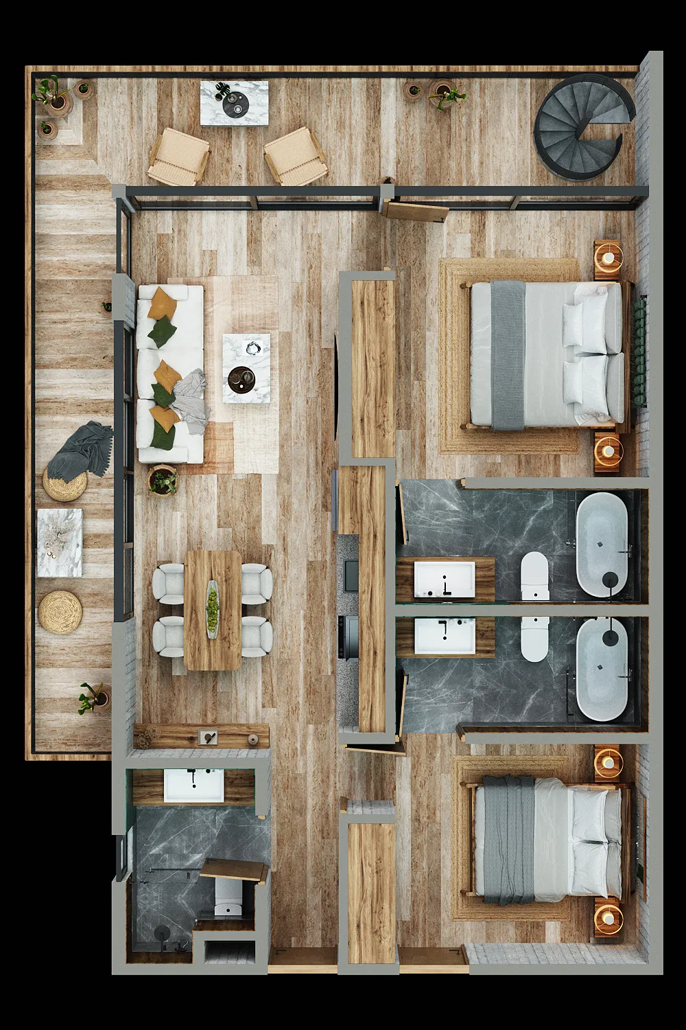 3D floor plan of a two-bedroom apartment layout