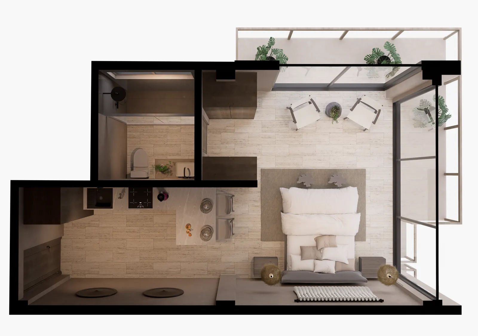 3D top-down view of studio apartment layout