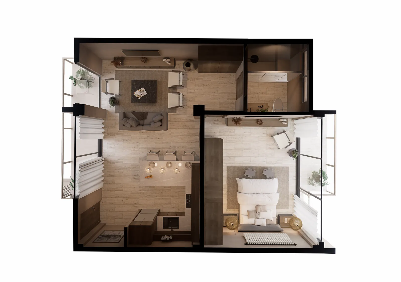 Top-down 3D view of a furnished apartment layout