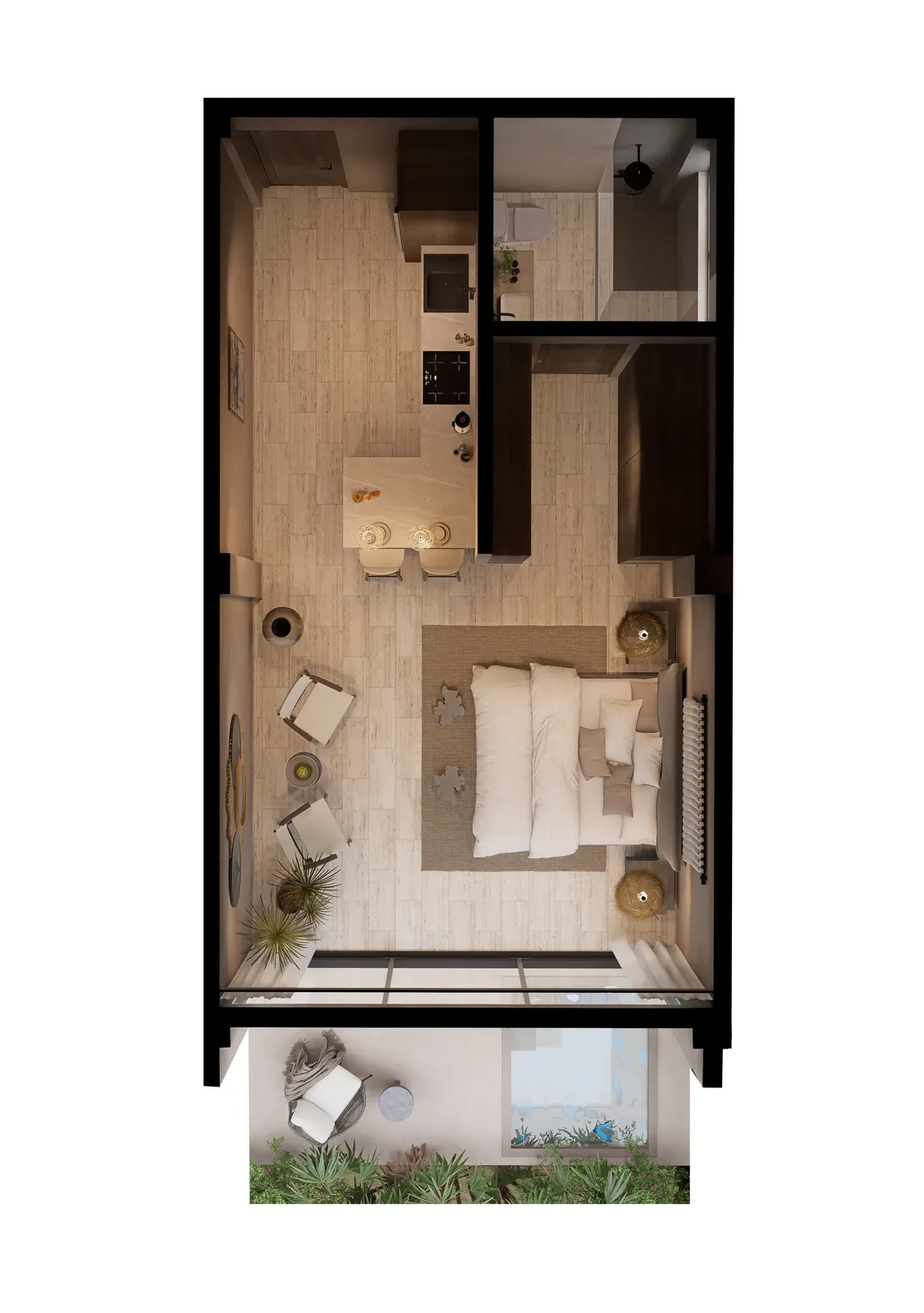Top-down 3D floor plan of a studio apartment layout