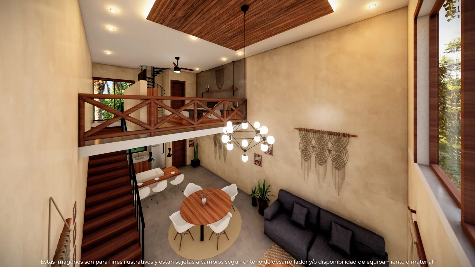 Modern two-story living space with wooden staircase and dining area