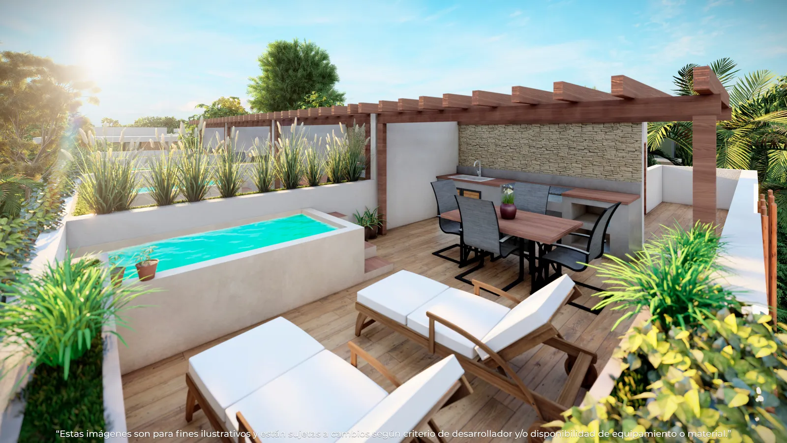 3D render of a terrace with plunge pool and outdoor kitchen