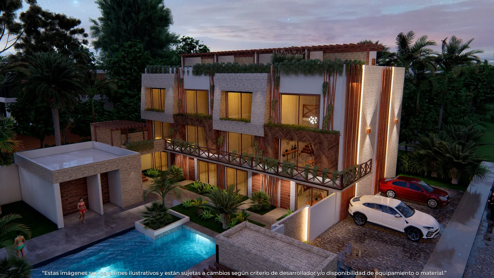 Architectural render of a modern house with pool and cars
