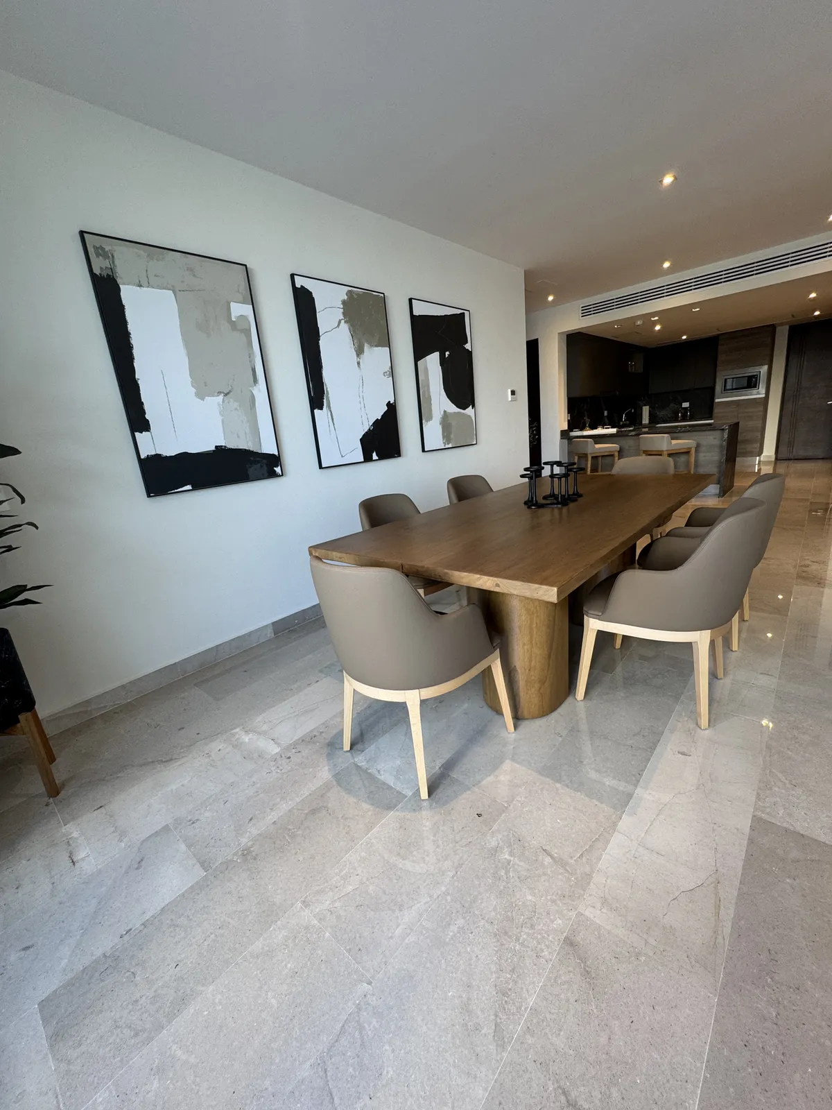 Modern dining room with wooden table and chairs