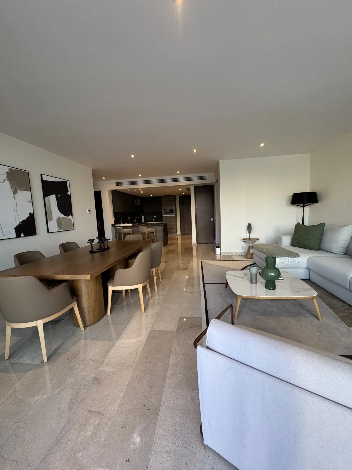 Furnished modern living and dining room with marble floors