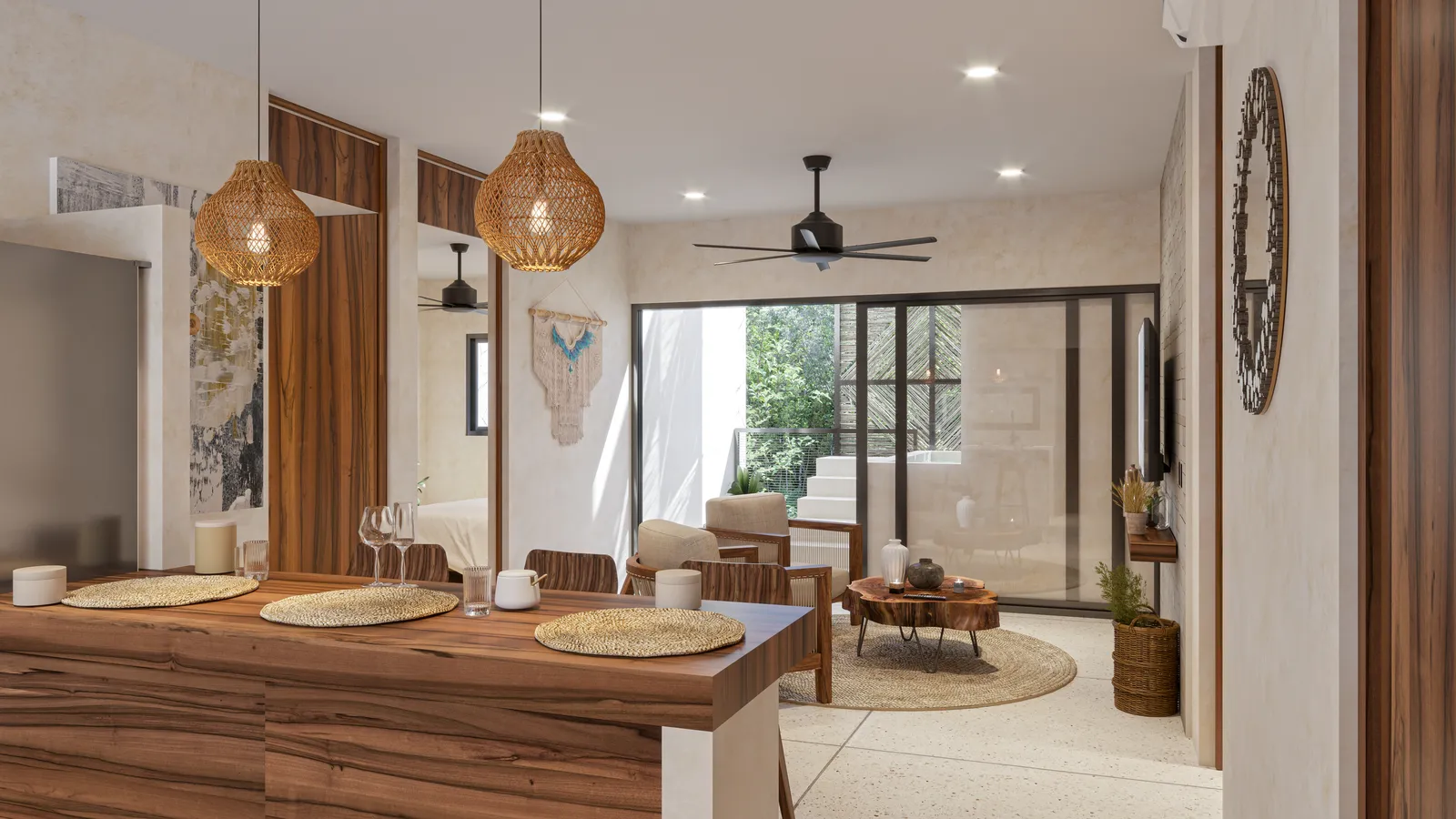 Modern open-plan living and dining area with wooden accents