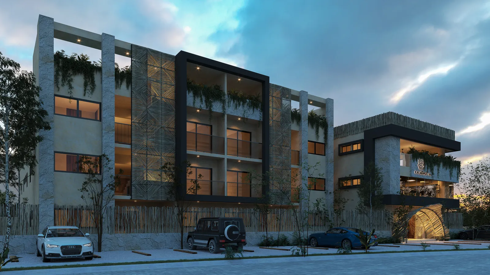 Modern building exterior rendering with parked cars