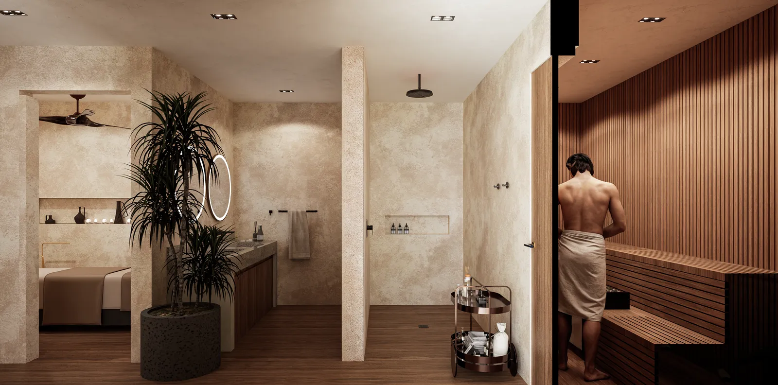 Modern luxury bathroom and sauna interior design render