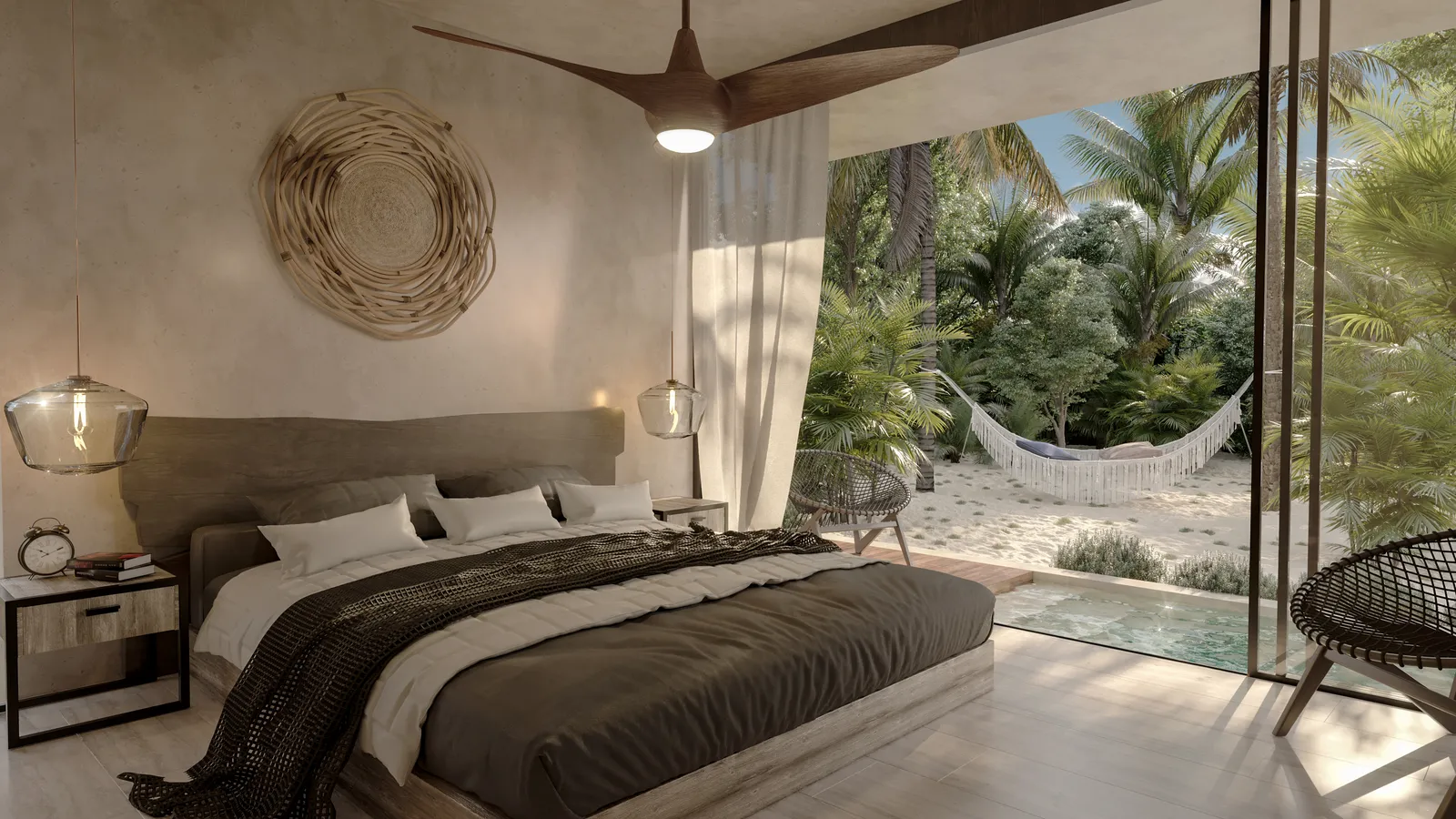 Modern bedroom with glass walls and tropical garden view
