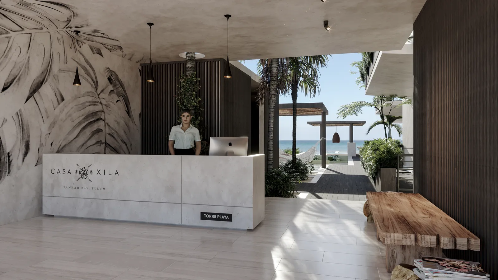 Modern reception desk with ocean view and palm trees