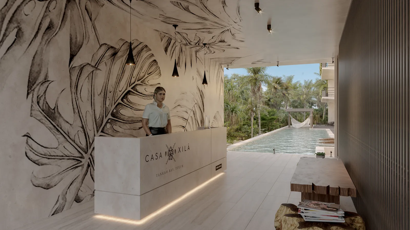 Lobby reception desk with a view of an infinity pool