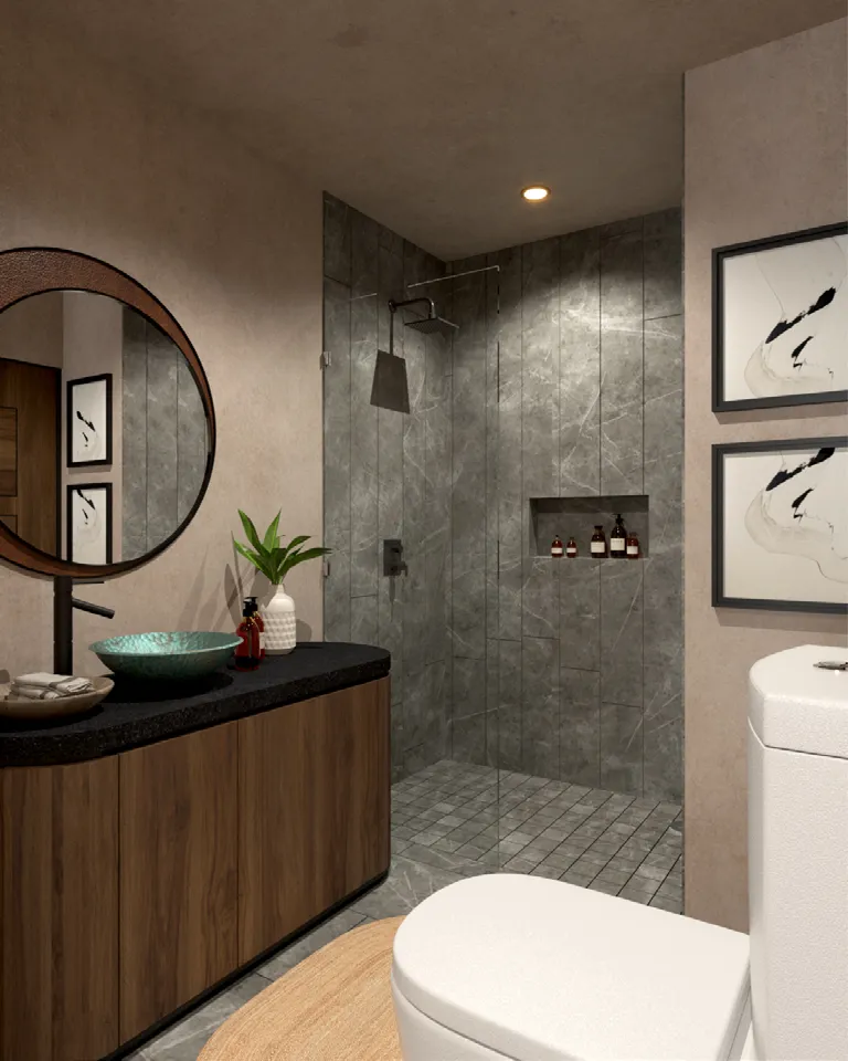 Modern bathroom with wooden vanity and walk-in shower