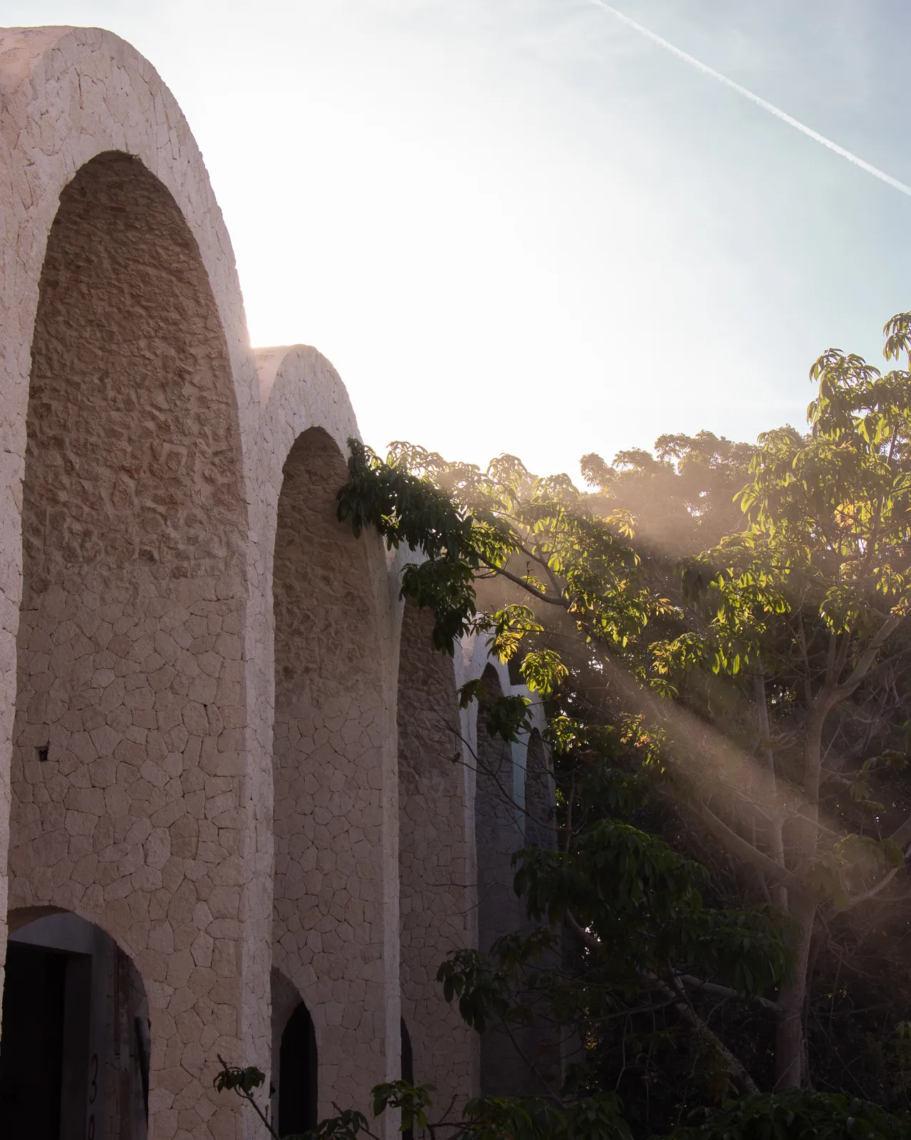 White arched building facade with trees and sunlight