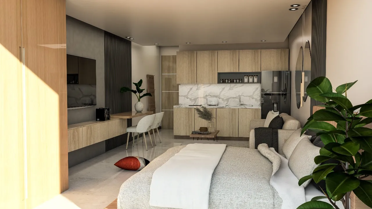 Modern apartment interior with kitchen and living area