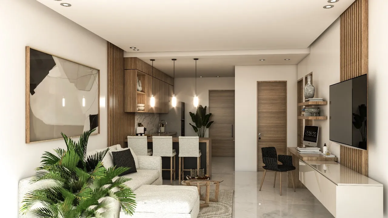 Modern apartment interior with living and kitchen area