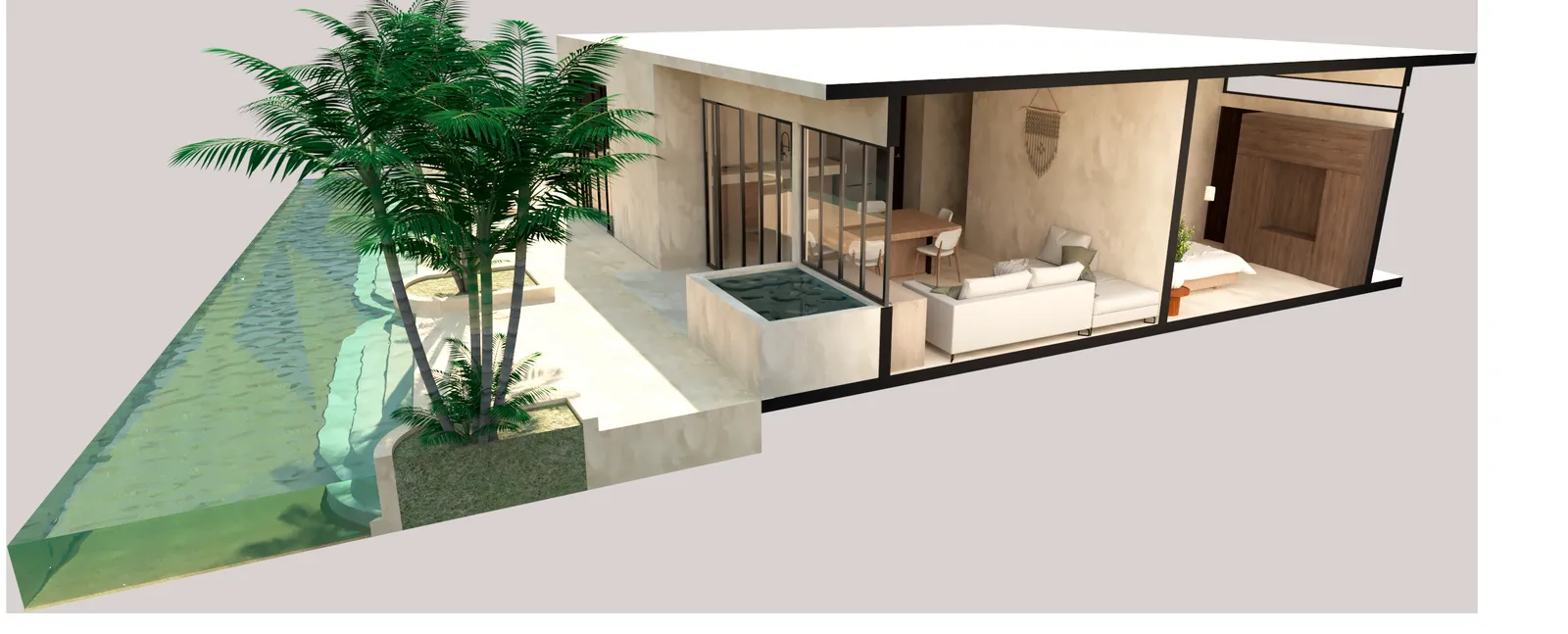 3D architectural render of modern home with pool