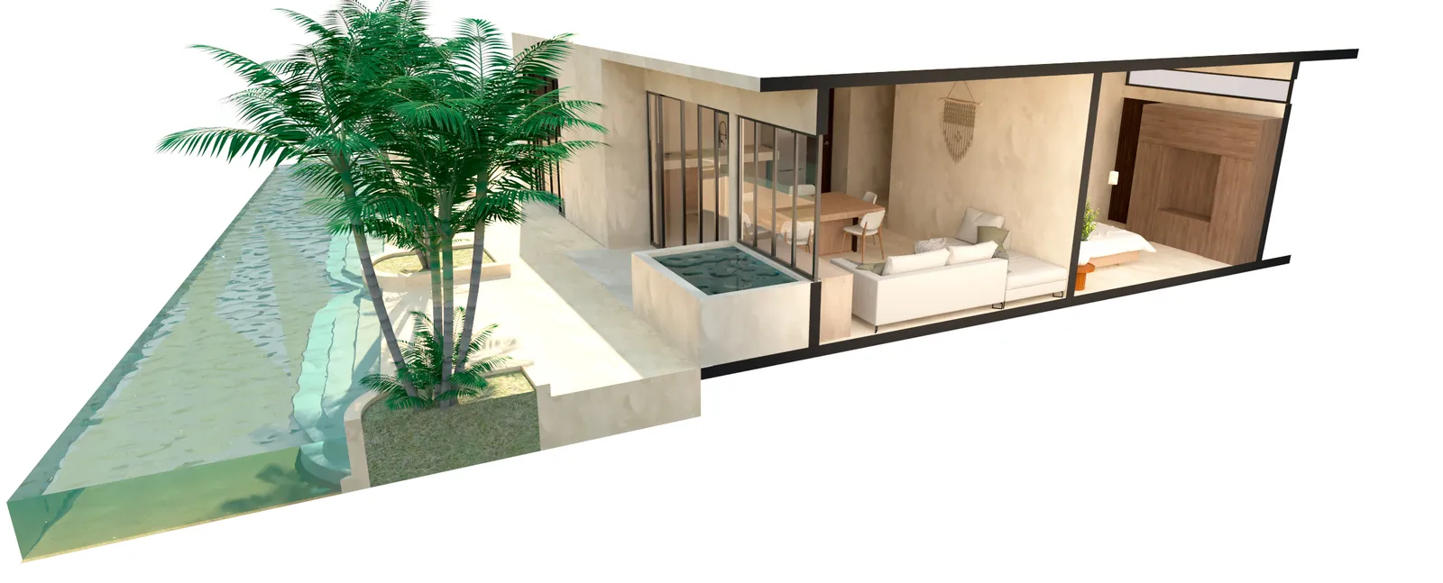 3D architectural render of a modern villa with pool