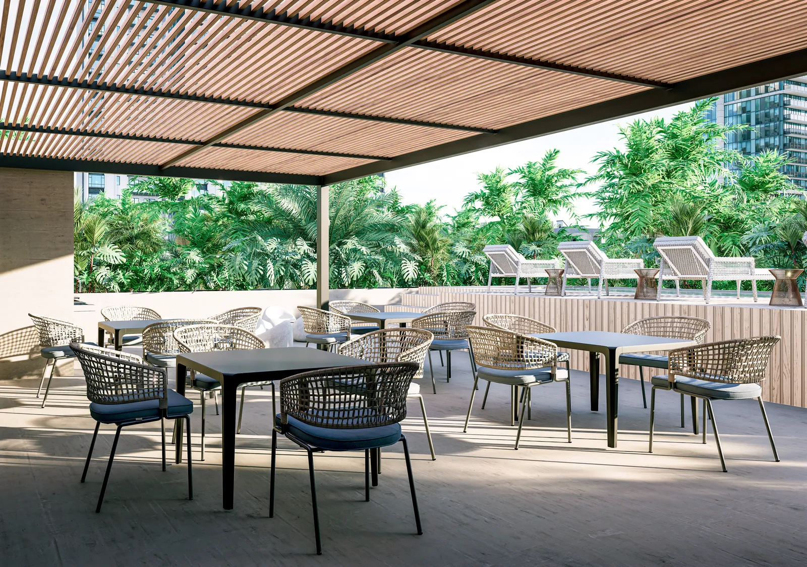 Outdoor rooftop terrace with dining tables and lounge chairs