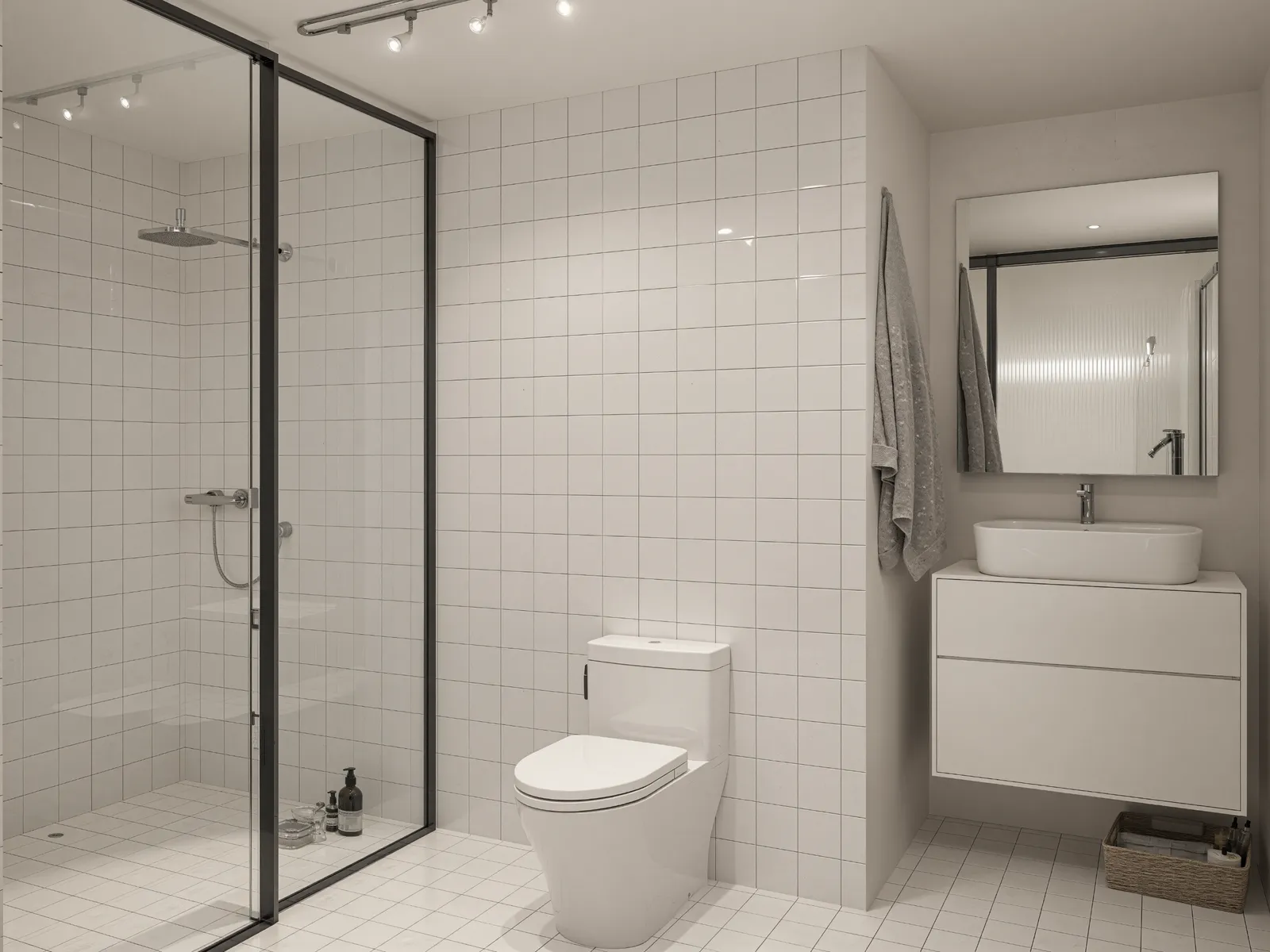 Modern bathroom with white tiles, glass shower, and vanity