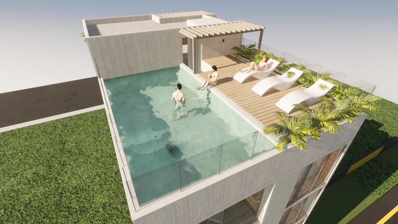 3D render of a rooftop pool terrace with lounge chairs