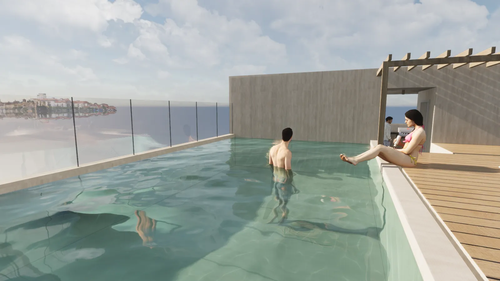 3D render of a rooftop pool with ocean view