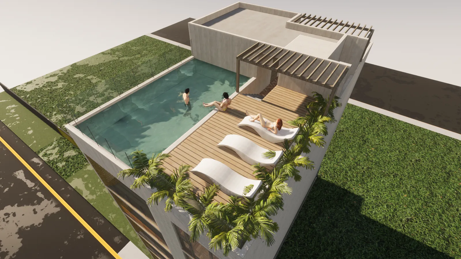 3D render of a rooftop pool with lounge chairs