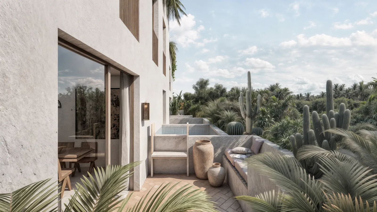 Architectural render of a modern terrace with pool and garden