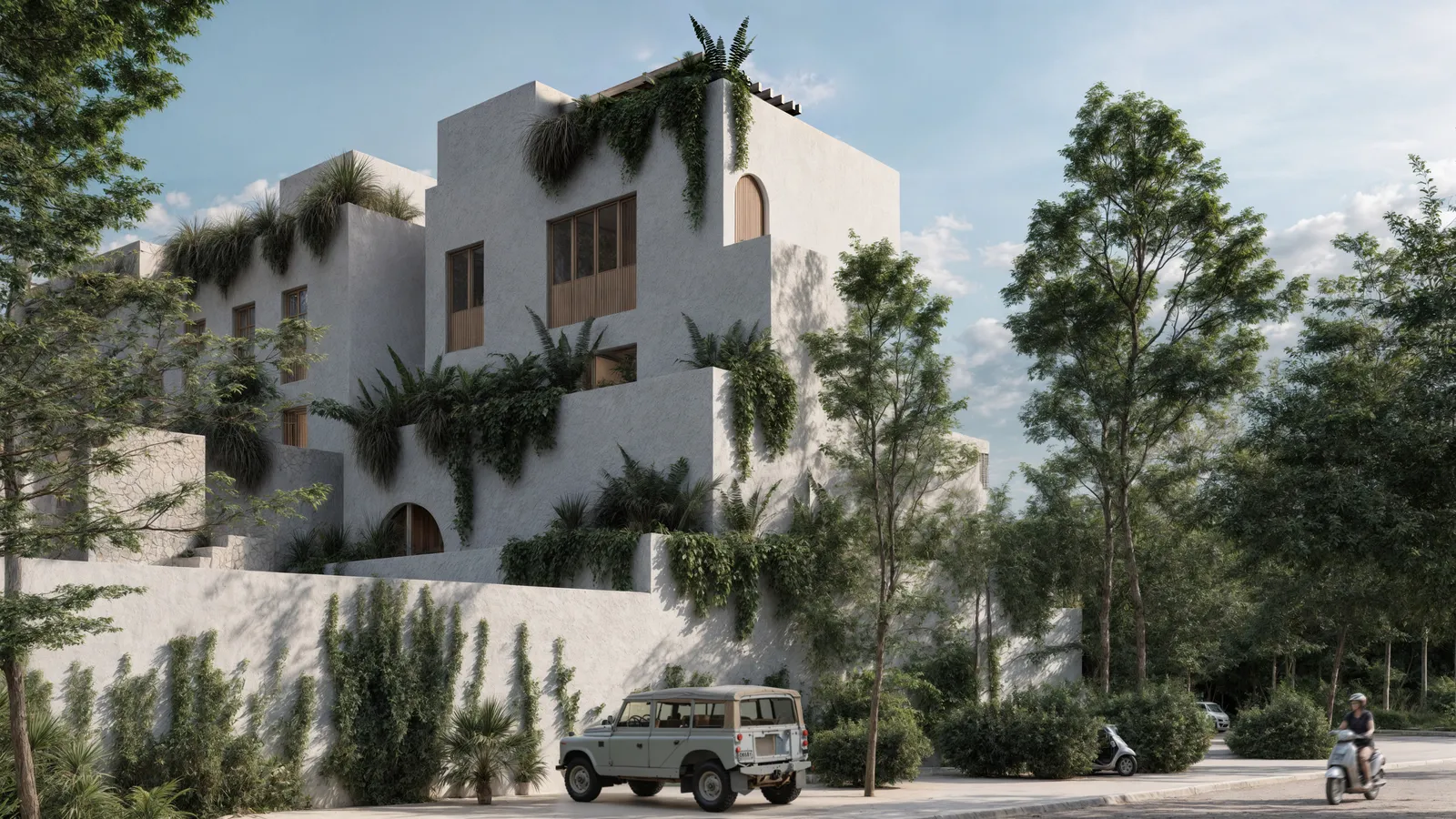 Modern white building with lush vegetation and parked car