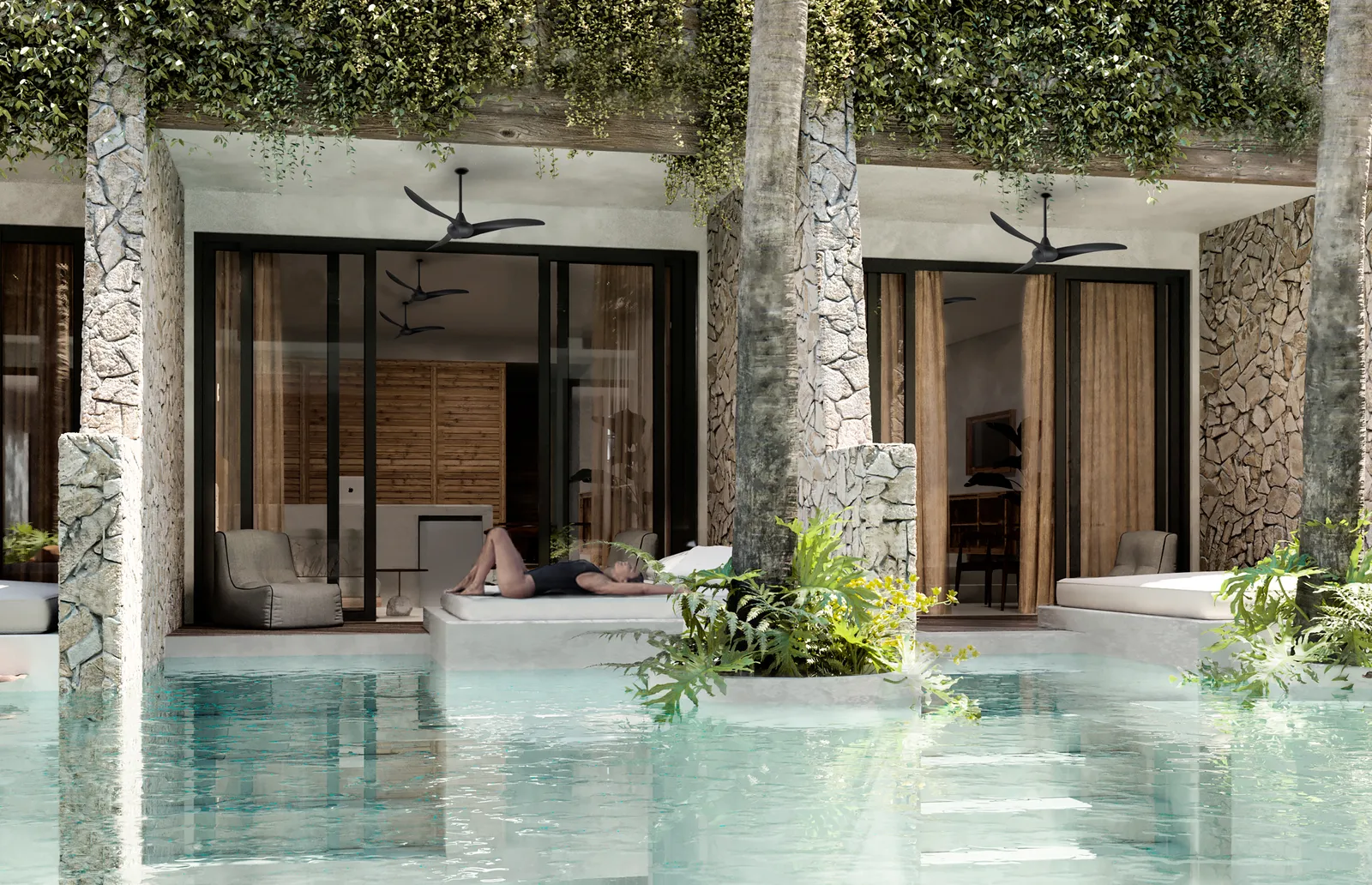 Luxury pool area with stone pillars and glass doors
