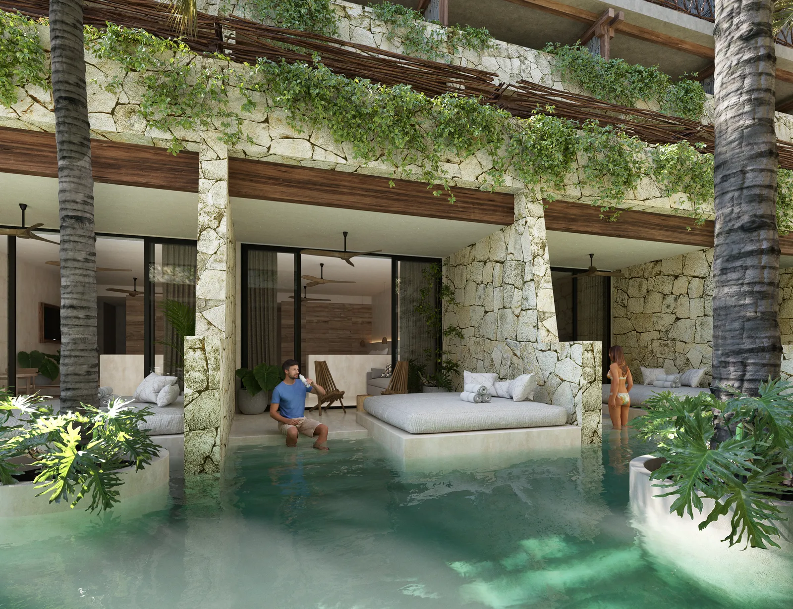 3D render of a luxury pool area with stone walls