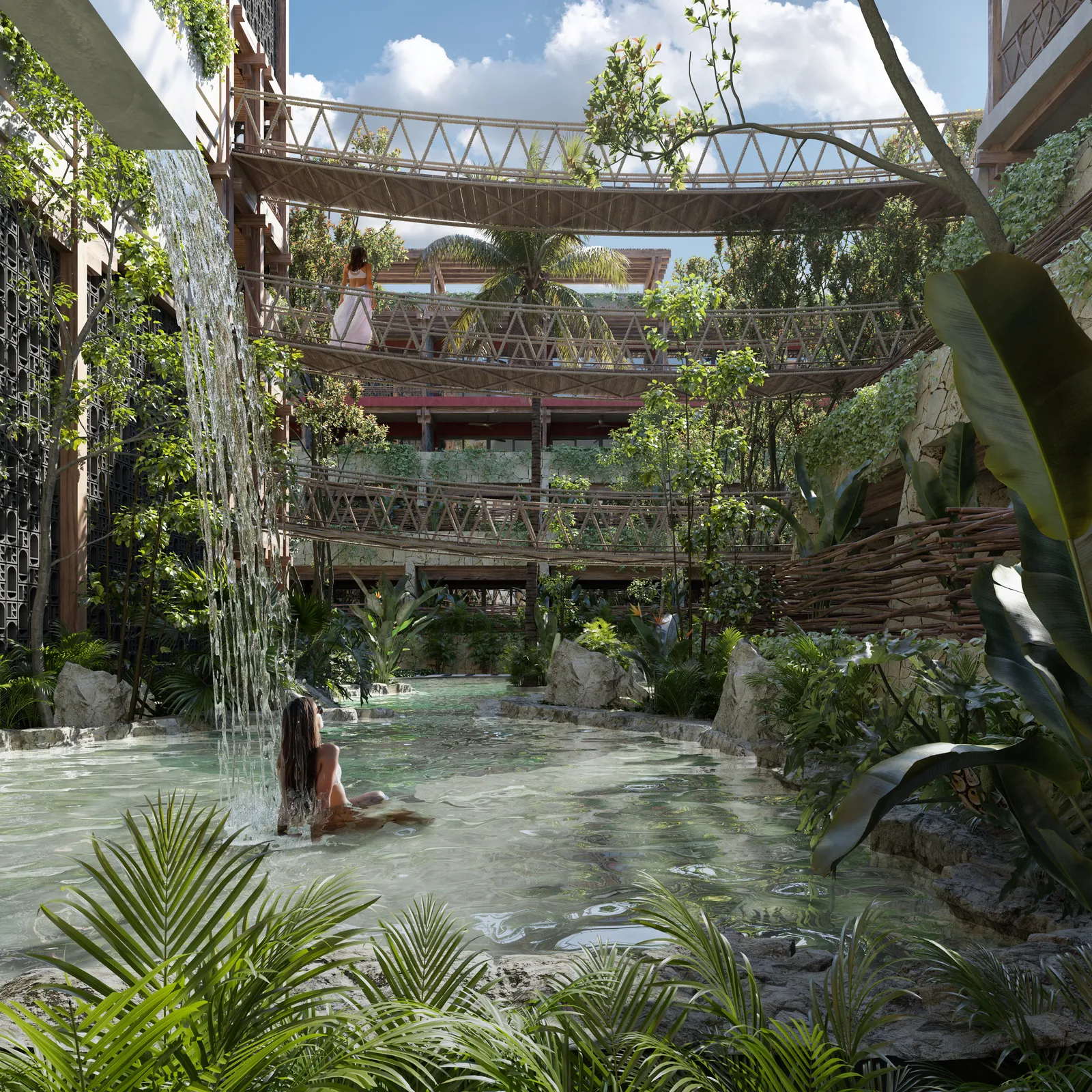 3D render of a tropical resort pool with waterfall