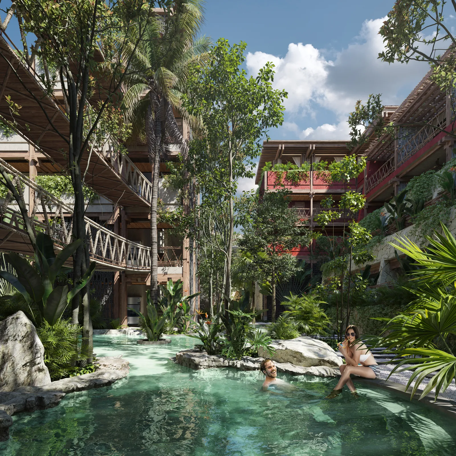 3D render of a tropical pool area with resort buildings