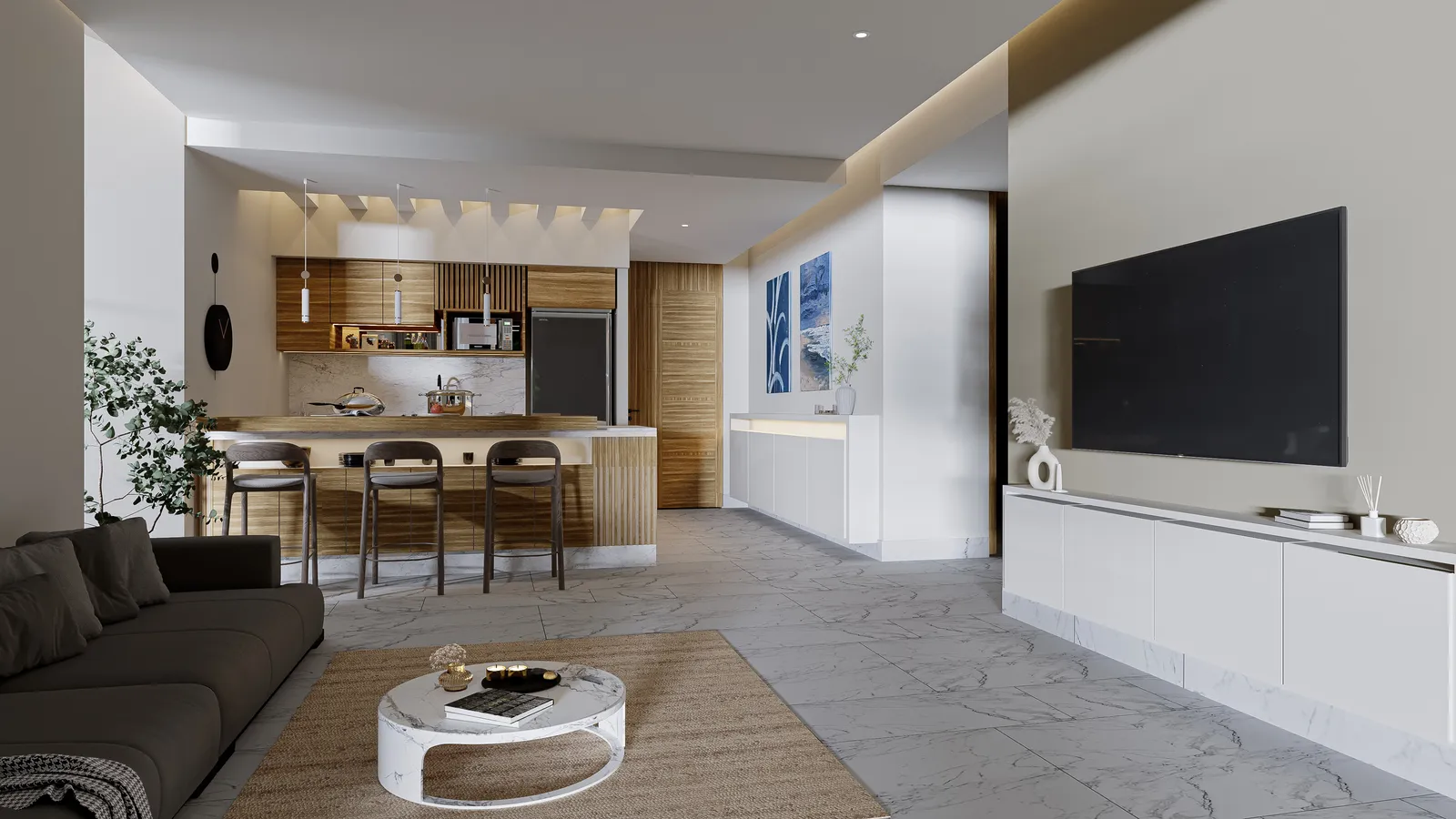 3D render of modern living room and kitchen