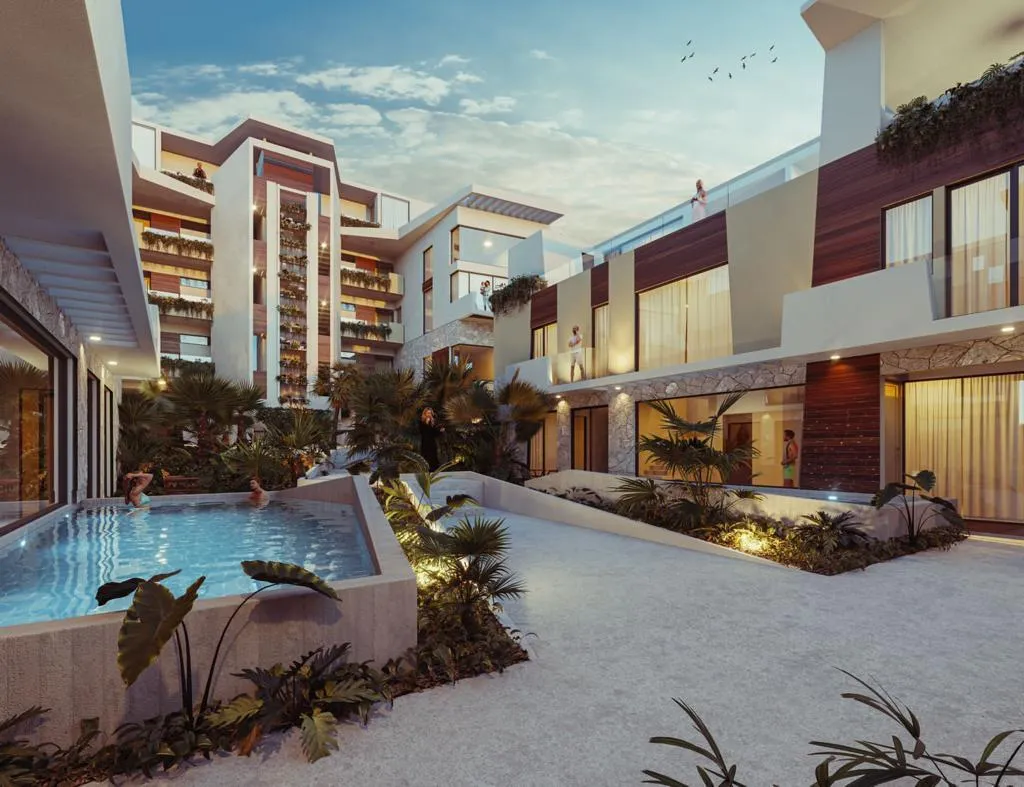Architectural render of modern building with pool