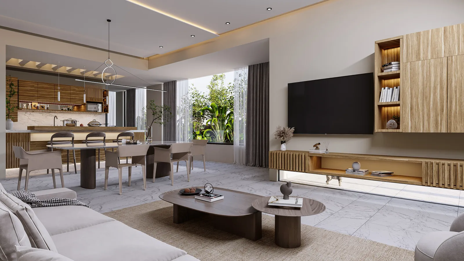 Modern furnished living and dining area with kitchen