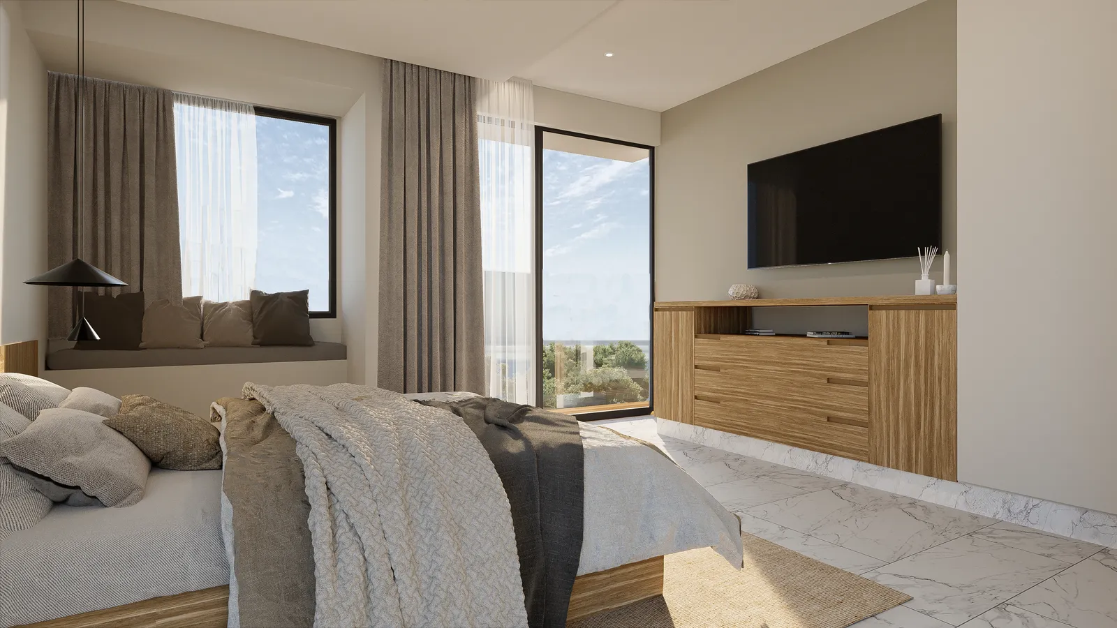 Modern bedroom with wooden furniture and large windows
