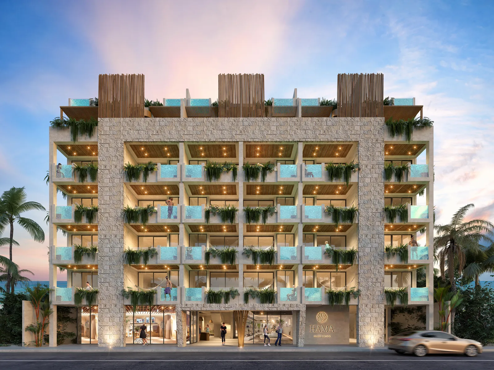 Architectural rendering of a modern beach condo building