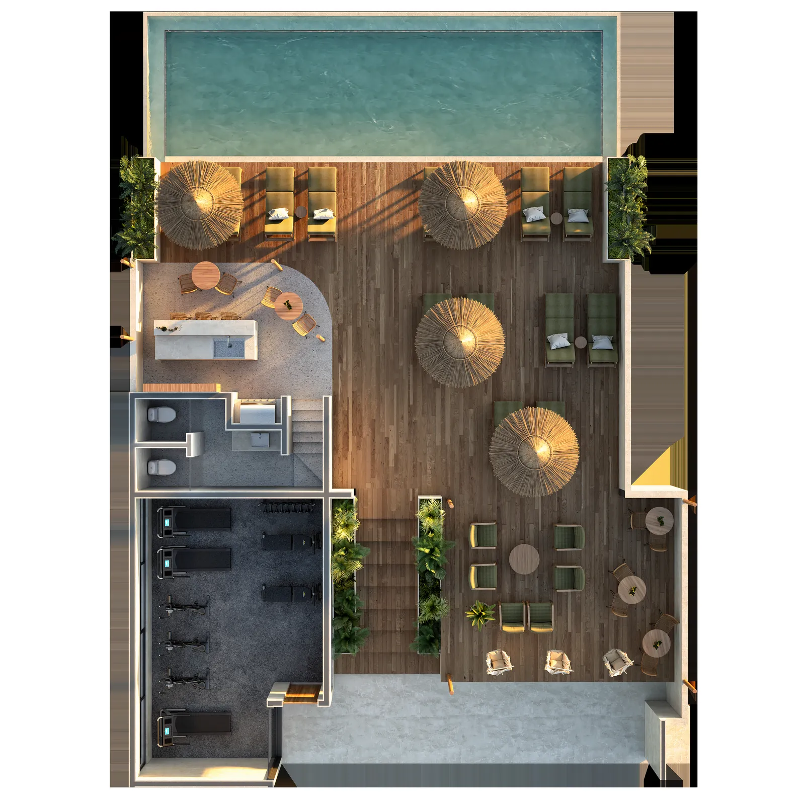 Top-down 3D render of pool deck and gym area
