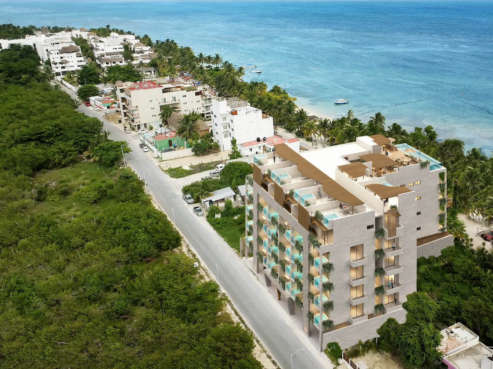 Aerial view of a modern building with private pools.