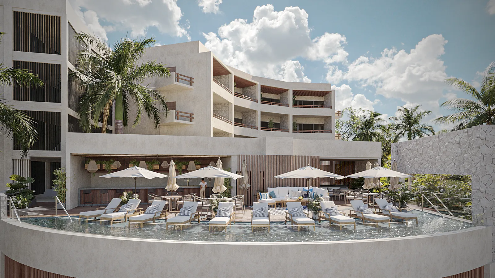 3D render of a pool area with lounge chairs