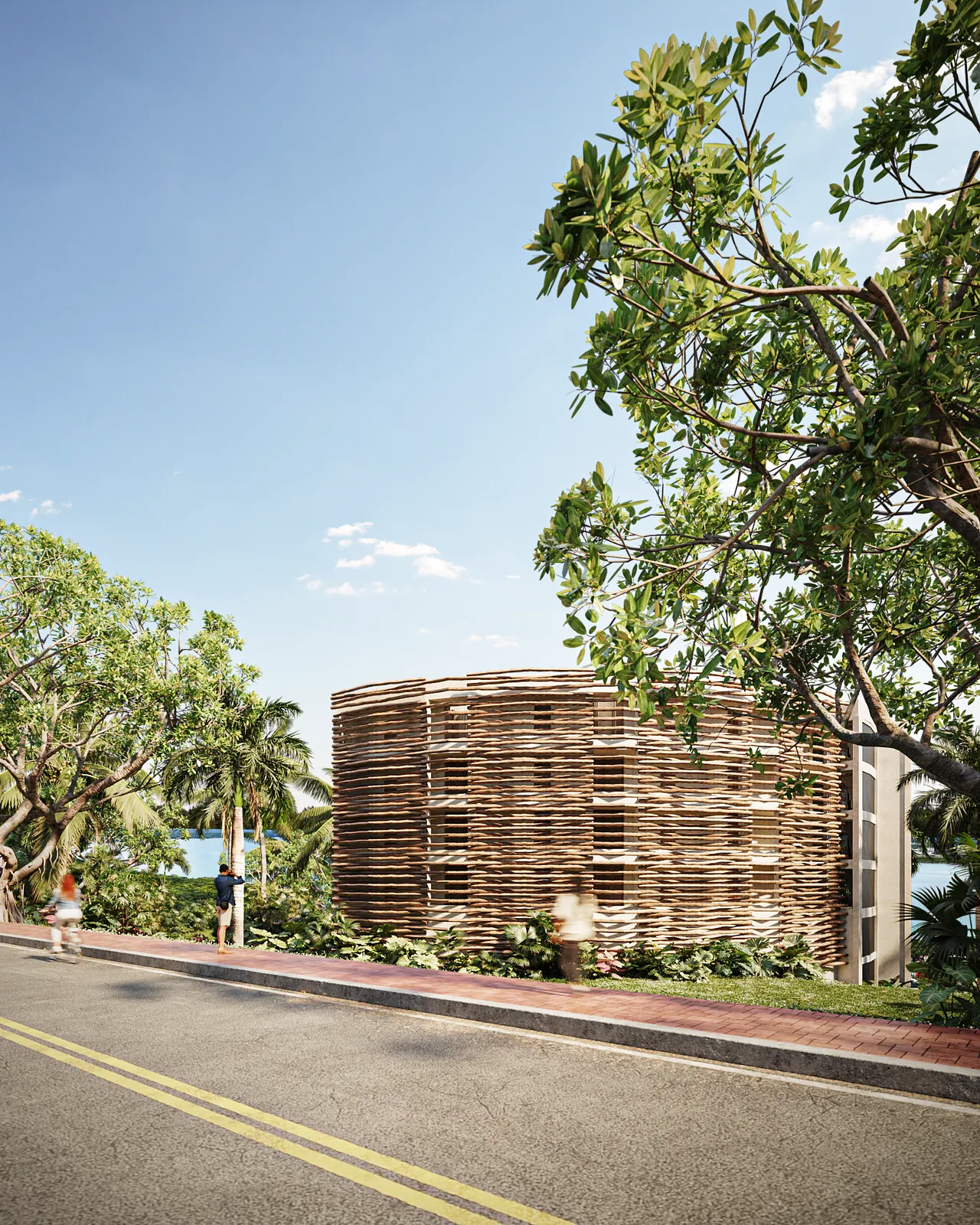 Architectural render of a building with wooden facade