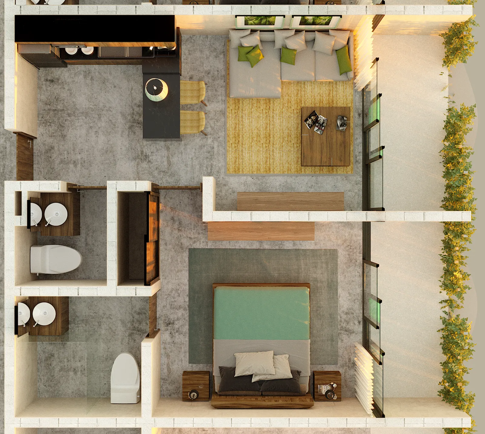 Top-down 3D floor plan of a modern apartment