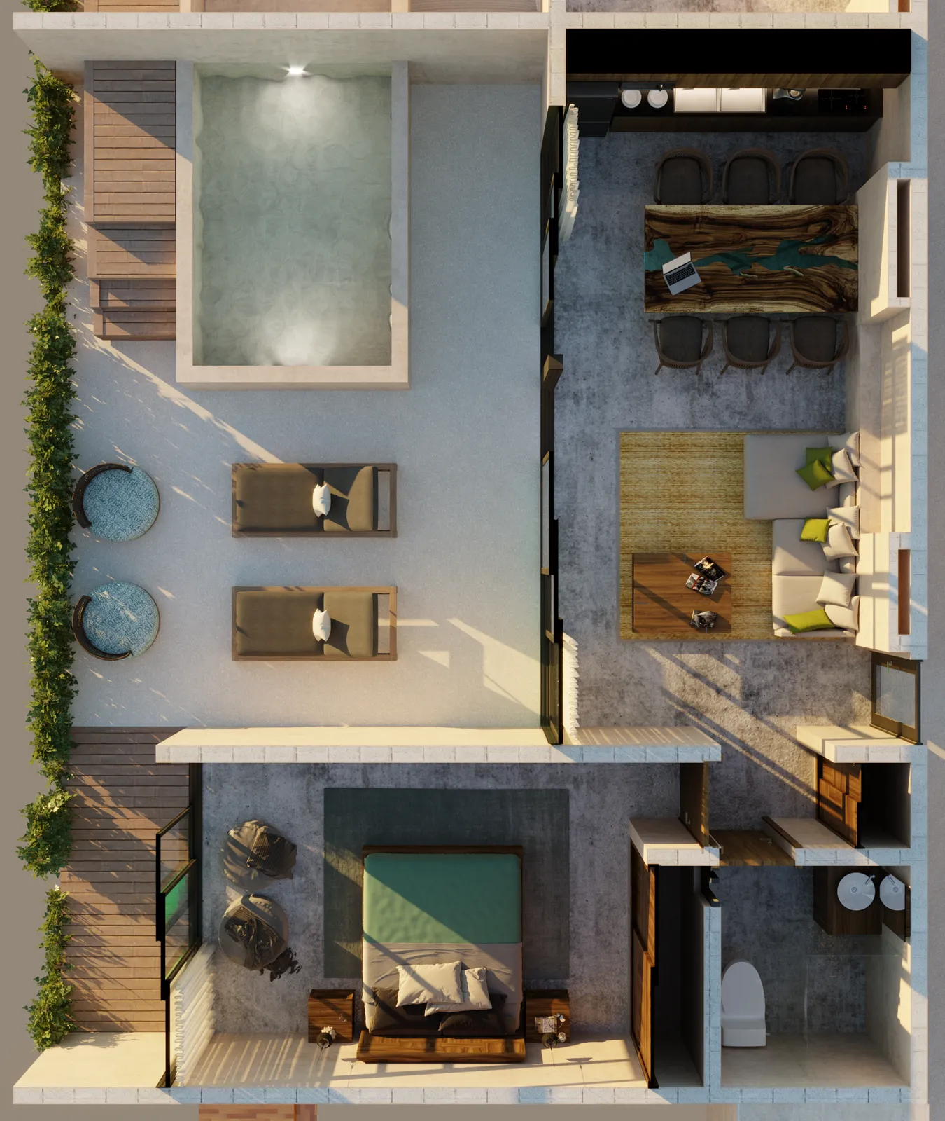 Top-down 3D render of a modern apartment layout with pool.