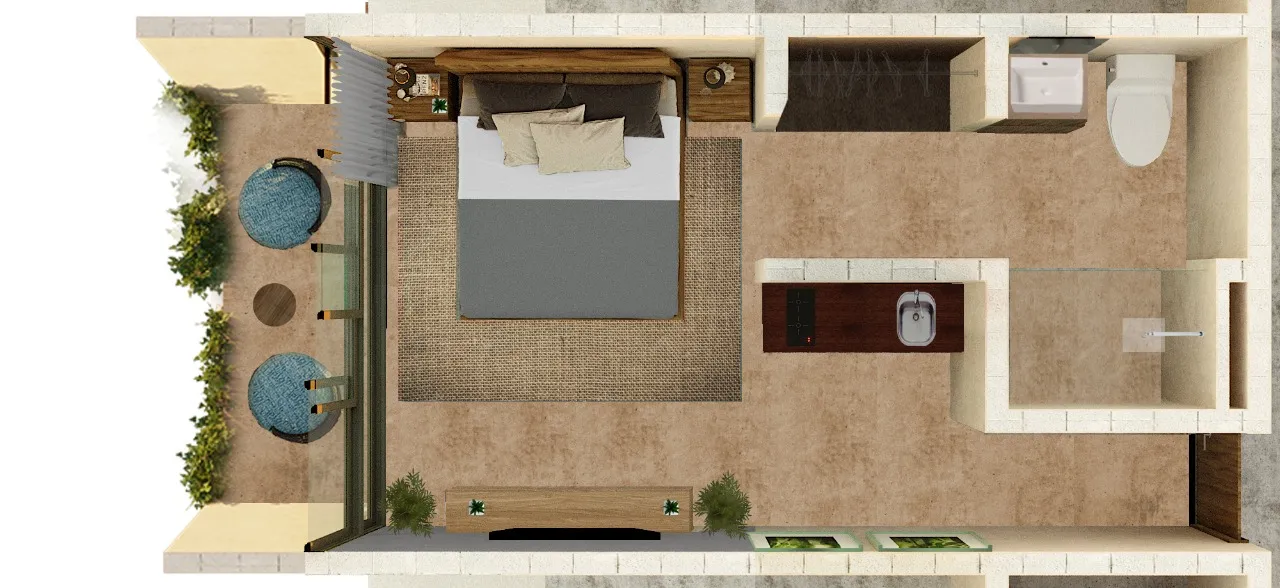 Top-down 3D floor plan of a studio apartment