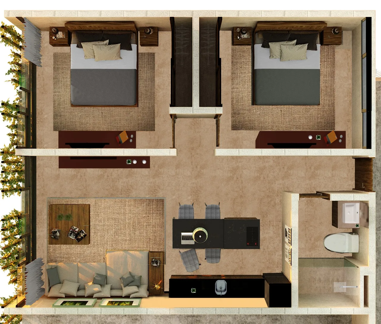 3D top-down floor plan of a furnished apartment layout