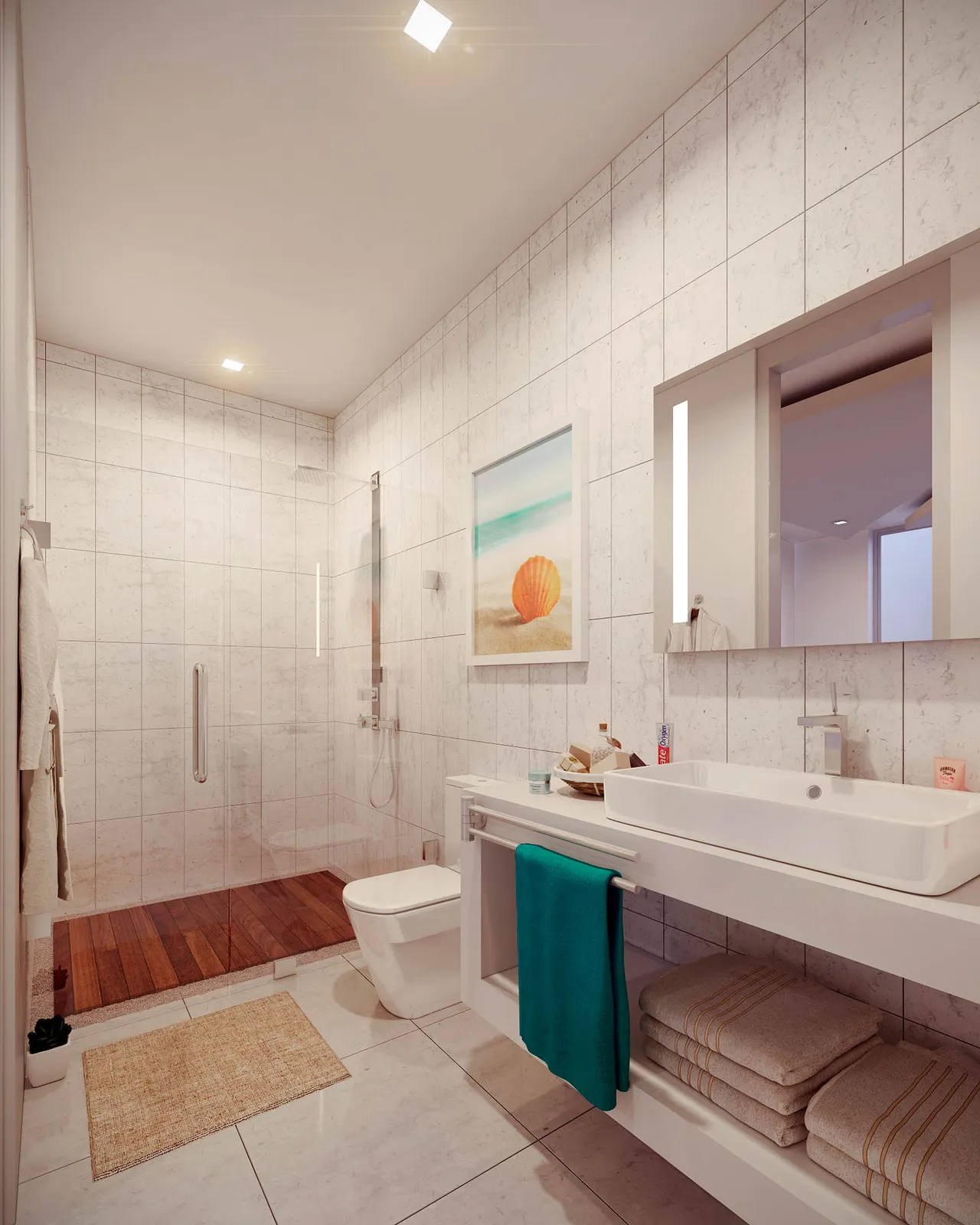 Modern bathroom with white tiles, shower, and vanity