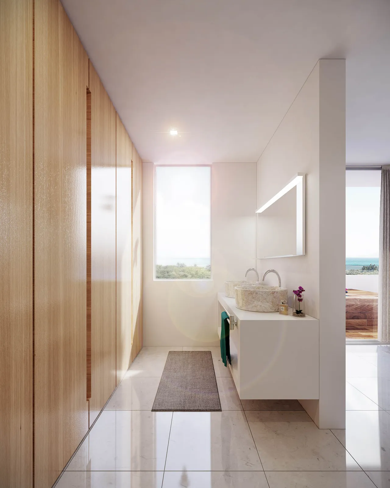 Modern bathroom with wooden cabinets and double vanity